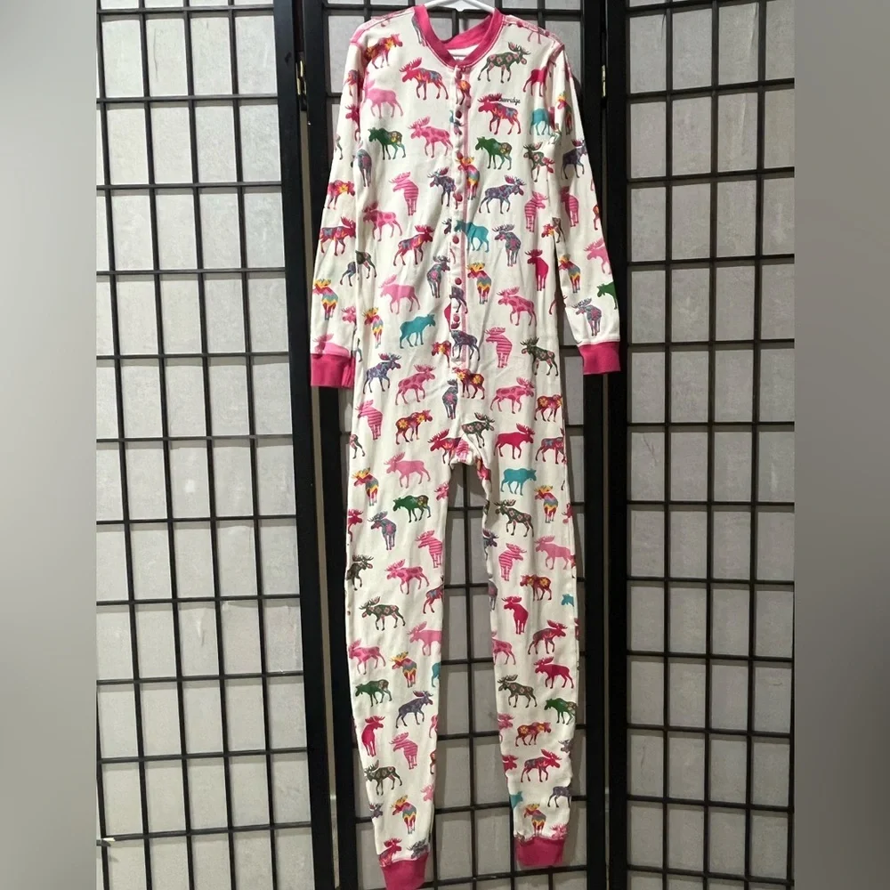 HATLEY LITTLE BLUE HOUSE MOOSE PATTERNED KIDS UNION SUIT PAJAMAS, GIRLS SIZE 10